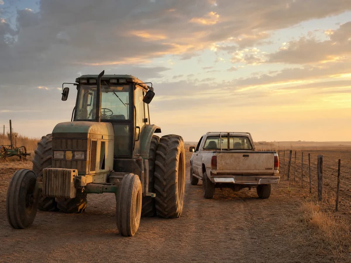 Un tractor y una camioneta en un camino de campo, al atardecer.